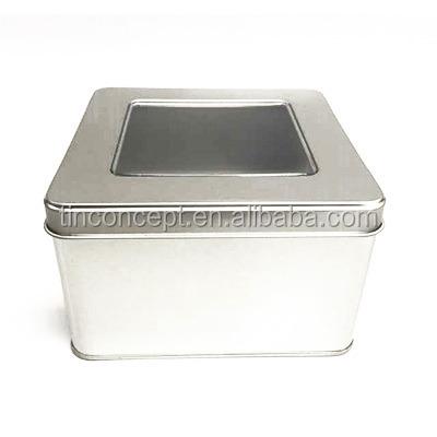 China Single Square Metal Cake Tin Box 130x130x80mm Large Cosmetic With PVC Window for sale