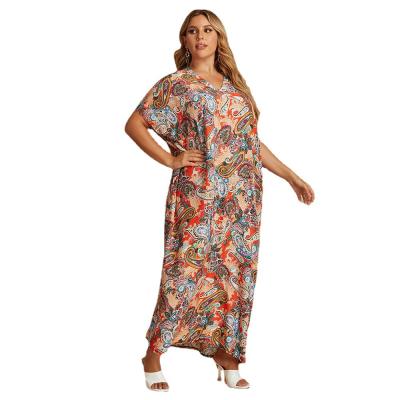 China Hot Women's Plus-Size Real Shoot Print Sleeve Breathable Short Loose V-Neck Long Dress Bohemian Dress for sale