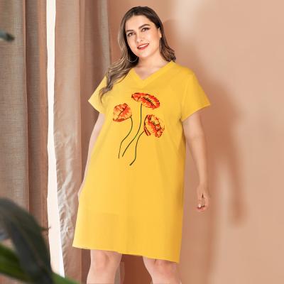 China 2021 Women's Breathable Short Sleeve V-Neckline Printed Clean Medium Loose White Long Dress for sale