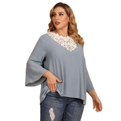 China New Anti-wrinkle high quality large size women's loose lace hook V collar pure color temperament shirt for sale