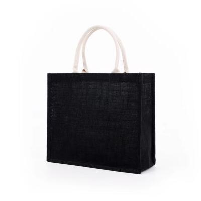 China Reusable and Eco-friendly Custom Black Printed Hessian Bag Custom Logo Jute Beach Bag Handled Heavy Duty Tote Bag for sale