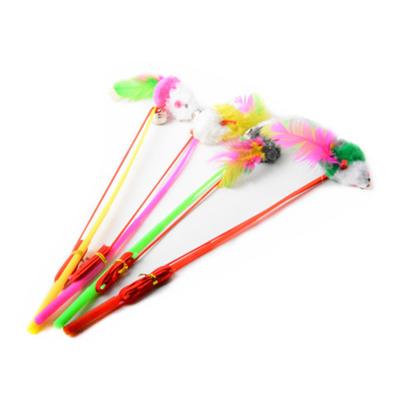 China Funny Stocked Colorful Feather Rod Dangler Wand Mouse Cat Stick Training Rope Pets Amusement Props With Ring Bell for sale