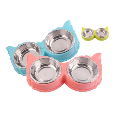 China Viable Dog Cat Double Bowls No-Slip Premium Stainless Steel Pet Rolls Pet Food Water Cute Modeling Bowl for sale