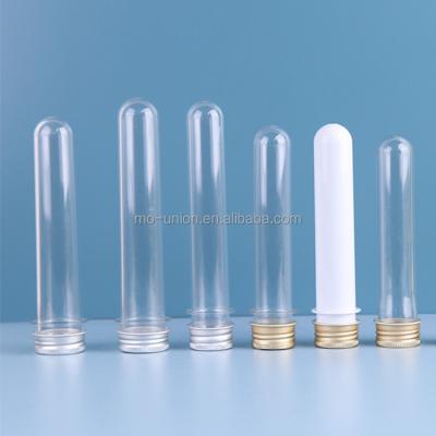 China Food Grade Laboratory 30ml 40ml 45ml 50ml 55ml 60ml Clear PET Lab Plastic Test Tube / Test Tube Food Container Etc. with screw aluminum silver or gold cap/lid for sale