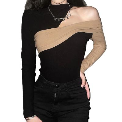 China QUICK-DRY fashion 2022 autumn and winter new women's personality stitching round neck strapless long-sleeved thin push-up T-shirt for sale