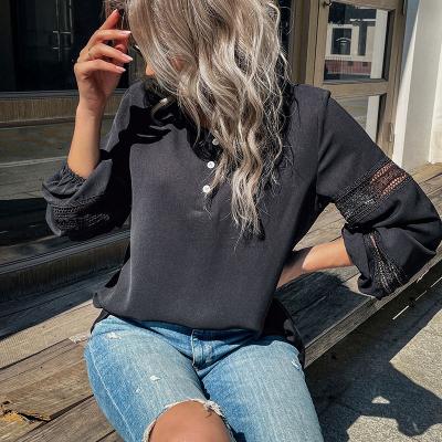 China Spring and Autumn Lace Stitching Round Neck Anti-pilling New 2022 Women's Solid Color Long Sleeve Shirt for sale