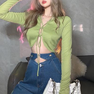 China 2022 New Trendy Women's Tops QUICK DRY Fashionable Women's Tops Halter Neck V-Navel Irregular Diet Long Sleeve T-Shirt for sale