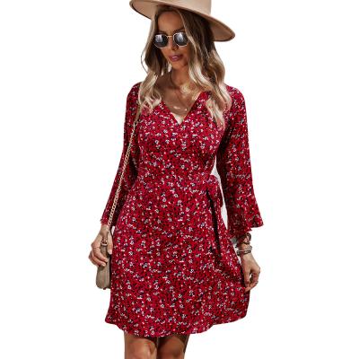 China 2021 autumn and winter anti-static waist slimming casual printed long-sleeved dress for sale