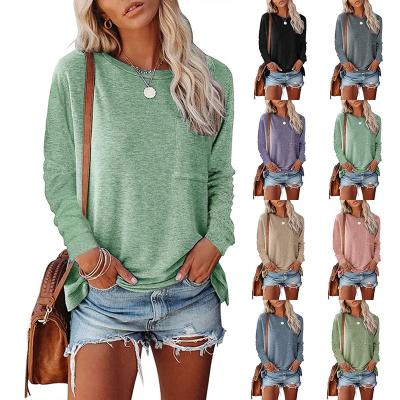 China 2021 Women's Wear Sustainable Round Neck Pocket Split Long Sleeve Casual Loose Top Begging T-Shirt for sale