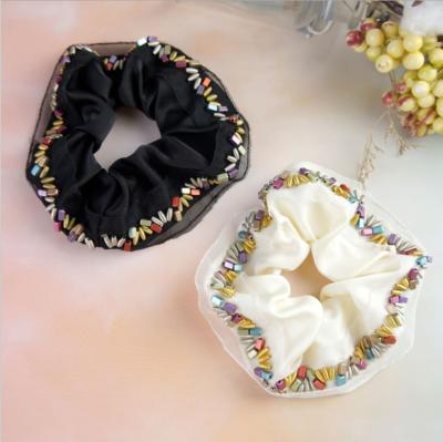 China 2021 New Design Popular French Handmade Beaded Elastic Hair Band Women's Satin Large Intestine Hair Band Scrunchies Wholesale for sale