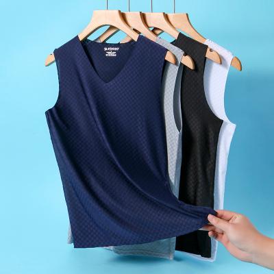 China Men's Traceless Silk Tops Summer V-Neck Ice Breathable Tank Tops Custom Cut QUICK DRY Off Shoulder Elastic Wide Tight Youth Youth Mesh Breathable Tank Tops for sale