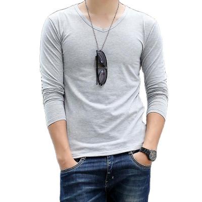 China Anti-wrinkle pure cotton section men's thin long-sleeved T-shirt basing shirt v neck solid color trend top clothes white body Terry je for sale