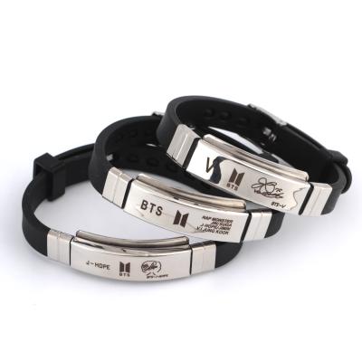 China BTS Member Fans Casual/Sports Bracelets Fashion Black Silicone Wristband Round Charm Stainless Steel Bracelet for sale