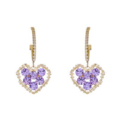 China Purple Color Crystal Women Drop Earrings Fashion Jewelry 2021 Korean Environmental Friendly Heart Shape Zircon Earrings for sale