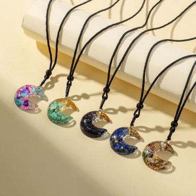 China Colorful Stone Inside New Resin Moon Shape Women Necklace Fashion Colorful Stone Moon Pendant Rope Chain Necklaces Jewelry for sale