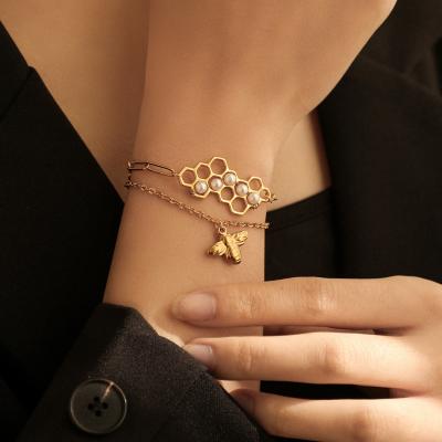 China Fashionable High Quality Double Layer Gold Plated Bee Charms Honeycomb Bead Chain Women Bracelets Accessories Wholesale for sale