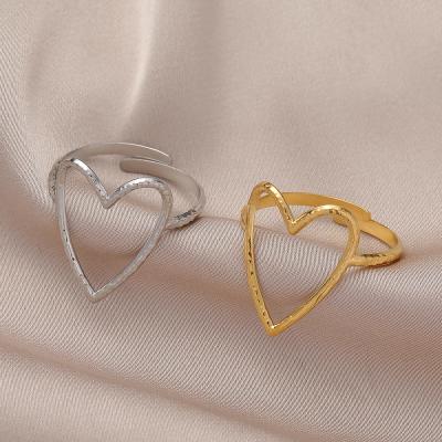 China Simple High Quality Ins Fashion 18k Gold Plated Hollow Love Shape Stainless Steel Adjustable Rings for sale