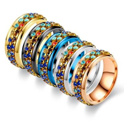 China New Design Stainless Steel Zirconia Ring Gold Lead Free Colorful Sliver Plated Crystal Rotating Rings For Party Unisex Wedding for sale