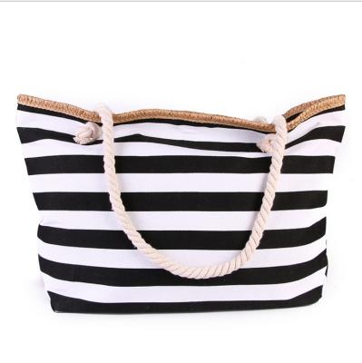 China Lady Women Stripe Canvas Shoulder Bag Large Capacity PORTABLE Trendy Tote Bag With Cotton Rope Beach Handles for sale