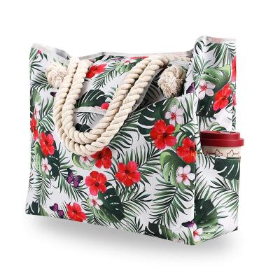 China Flamingo High Quality PORTABLE Stripe Women Canvas Tassel Handbag Fringe Bag Floral Printed Beach Tote Bag With Pockets for sale