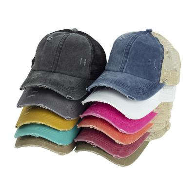 China JOINT Hot Selling Washed Distressed Mesh Hat Cotton Denim Sports Criss-Cross Ponytail Dad Hat Trucker Hats for sale