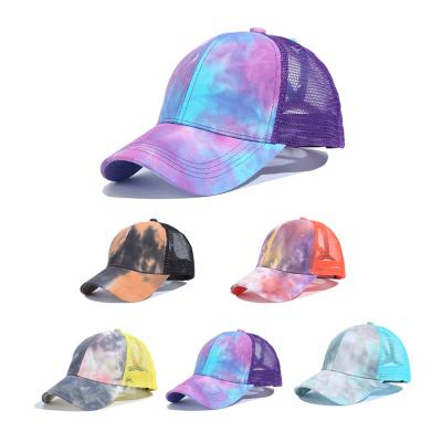 China JOINT Women Mesh Hats Gradient Rainbow Printed Baseball Caps Tie Dye Ponytail Snapback Hats JOINT Bun Trucker Hats Tops for sale