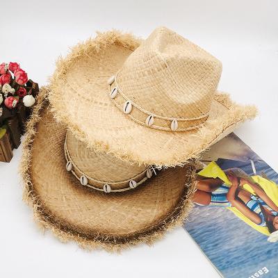 China Eco-Friendly Travel UV Raffia Straw Hats Summer Sun Beach Hat Fedora Shell Rope Cowboy Cap Paper Panama Protection Women Man Outdoor Raw Material for sale