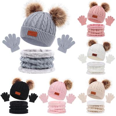 China Kids 2pcs COMMON Scarves Double Pom Hat Suits Gorro Wool Toddler Baby Knitted Pom Pom Beanie Hats Scarf Sets for sale