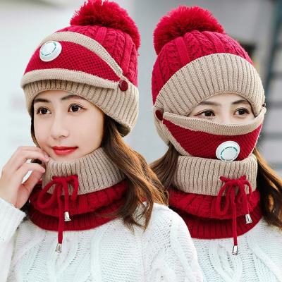 China COMMON Women Scarf Hat Set Warm Infinity Scarf Pom Pom Beanie Hat Snow Ski Cap Winter Hats With Knitted Breather Valve Keep Warm for sale