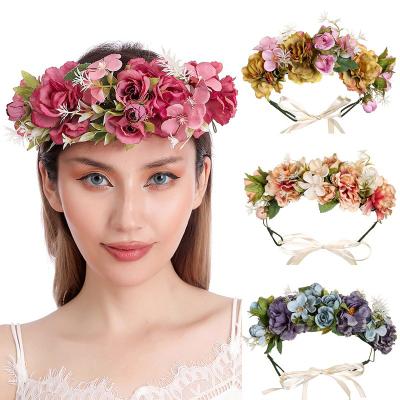 China Comfy Hot Sale Flower Adjustable Headband Garland Crown Halo Floral Headpiece With Ribbon Wedding Festival Party for sale