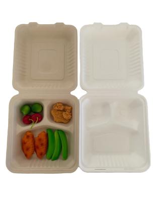 China Oil-resistant& Water Resistant Disposable Take Away Food Container 3 Compartments Microwave Bagasse Clamshell for sale