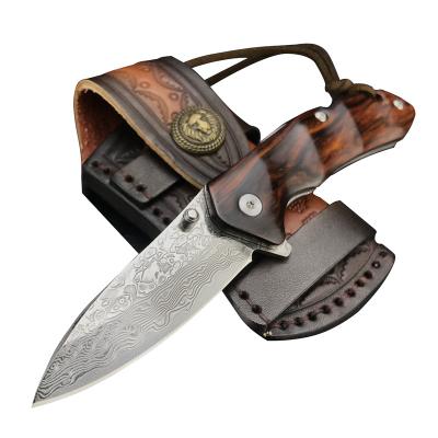 China New Red Sandalwood Non-variable Steel Handle EDC Damascus Survival Knife Wild Wild Hunting Multifunctional Folding Knife for sale