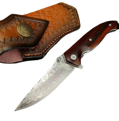 China Red Handle Pocket Damascus Blade Acidwood Survival Multi-EDC Knife Non-variable Winged Outdoor Knife Folding Knife for sale