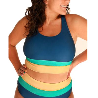 China Breathable Customized Swimming Wear With Zipper Color Patchwork Swimwear Women Waist Bikini Top for sale