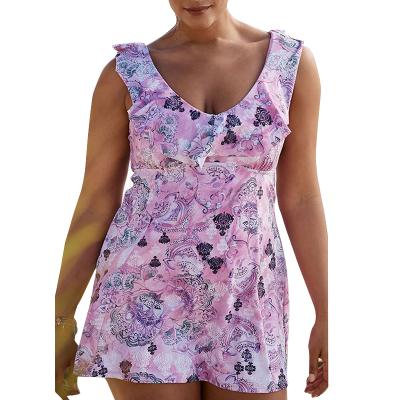 China Plus Size Plus Size Pink Paisley Ruffle Neck Flower Printing Swimdress Swimwear One Piece Dress for sale