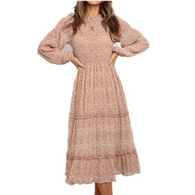 China Floral Print Women Long Sleeve Faux Ruffle Neck Breathable Smocked Bodice Panel Tiered Skirt Above Knee A Line Dress for sale