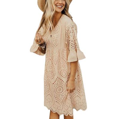 China White Breathable Women Hollow Out V Neck Flare Sleeve Short Dress Female Beach Dress for sale