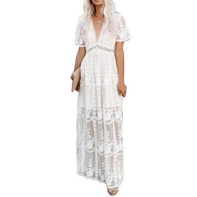 China Breathable Deep V Neckline Embroidery Breathable Wedding Dress Short Sleeve Chiffon Summer Floral Lace Maxi Dress for sale