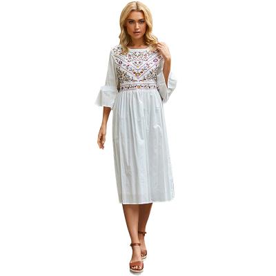 China Lady Lantern Breathable Bohemian Casual Sleeve Dress Vacation Women Embroidery Summer Short Midi Dress for sale