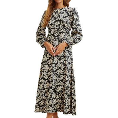 China High Waist Long Sleeves Breathable Floral Print Maxi Long Dress Loose Muslim Dress For Women for sale