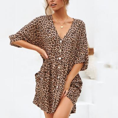 China Breathable Clearance Women Dresses V Neck Women Leopard Print Mid Dress for sale