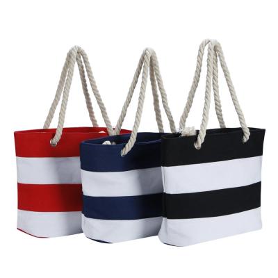 China High Quality High Quality Easy Carry Multicolor Stripes Canvas Beach Bag With Cotton Rope for sale