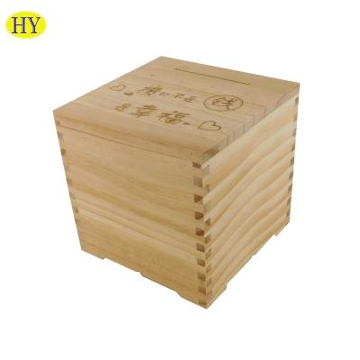 China Cute Saving Sustainable Wooden Square Box Money Money Wooden Savings Bank for sale