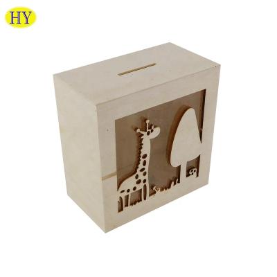 China Custom Unfinished Carved Wooden Craft Viable Saving Wood Box Money for sale