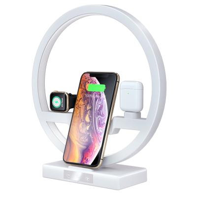 China Universal Triple Wireless Night Lamp Desk Stand Microphone Qi Charger USB Wireless Charging Station With Led Light For Apple for sale