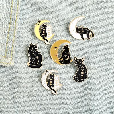 China Europe Cats Enamel Pin Custom Moon Cat Lapel Pins Black White Witch Pins Badge for sale