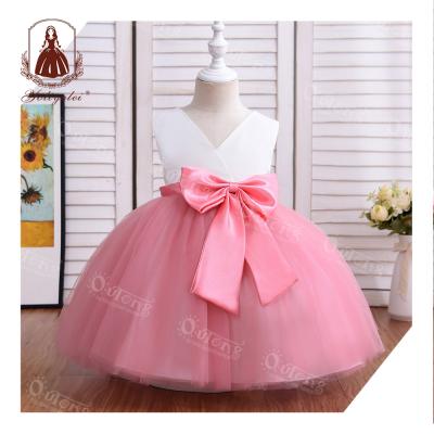 China Breathable Custom Dresses V Neck Lace Cotton Girl Dress For Girl For 2-5 Years With Big Bow 2021 New for sale