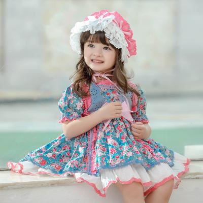 China Summer Breathable Baby Clothes Ruffle Sleeve Pink Solid Flower Printed Princess Fancy Lolita Spanish Dress 100% Cotton for sale