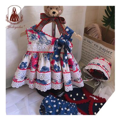 China 2020 Summer New Dark Blue Formal Flower Floral Spanish Dress 3 Piece Hat Dress Breathable Underwear For Child for sale