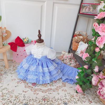 China Lolita Style Kid Clothing White Tops Anti-static Blue Lace Layered Skirt Spanish Pageant Dresses For Girls for sale